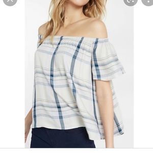 NWT Express off the shoulder blue & pink plaid flyaway top